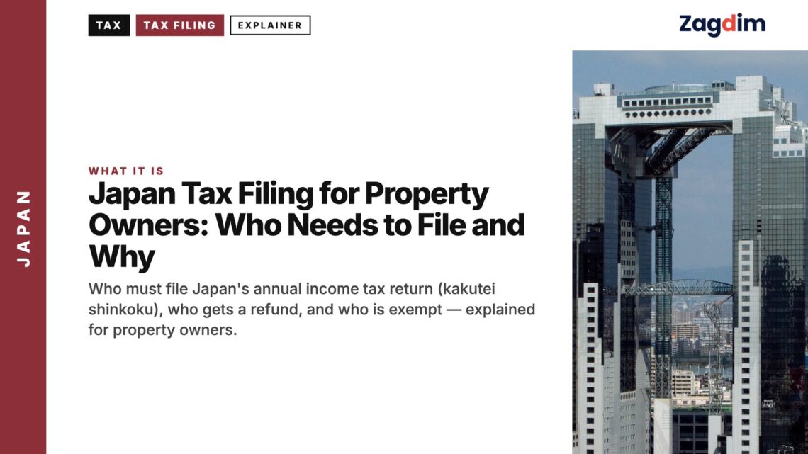 Architecture — Umeda Sky Building aerial view of Osaka skyline, illustrating Japan Tax Filing for Property Owners: Who Needs to File and Why