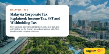 Aerial view of KLCC towers and park, illustrating Malaysia Corporate Tax Explained: Income Tax, SST and Withholding Tax