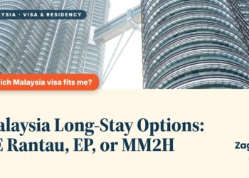 Low angle view of the Petronas Towers, illustrating Malaysia Long-Stay Options: DE Rantau, EP, or MM2H