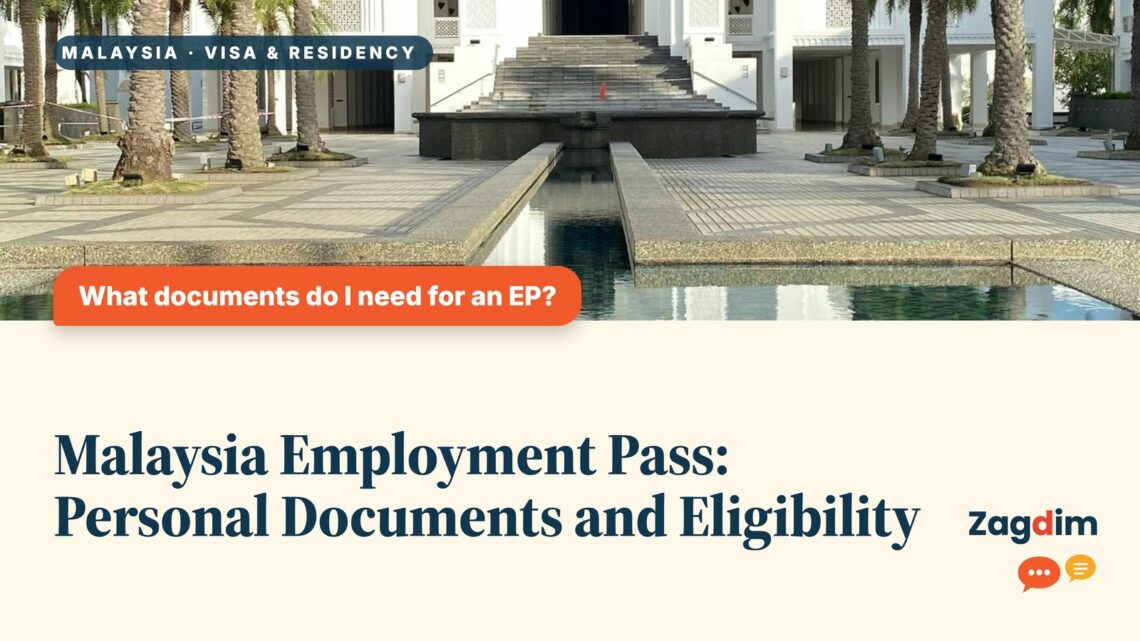 White mosque reflected in pool with palm trees, illustrating Malaysia Employment Pass: Personal Documents and Eligibility