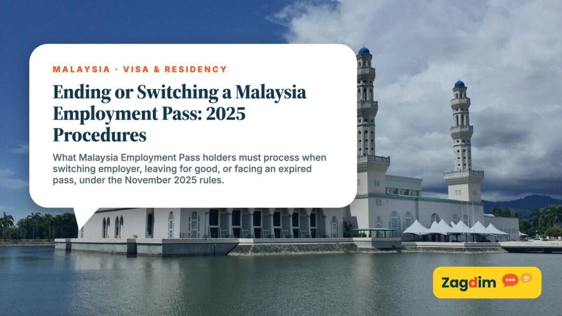 Kota Kinabalu City Mosque with an event marquee nearby, illustrating Ending or Switching a Malaysia Employment Pass: 2025 Procedures