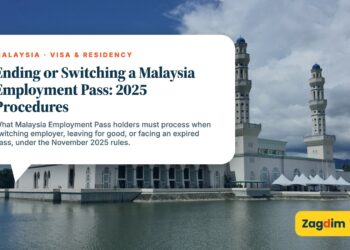 Kota Kinabalu City Mosque with an event marquee nearby, illustrating Ending or Switching a Malaysia Employment Pass: 2025 Procedures