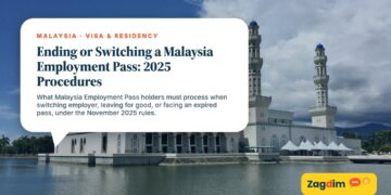 Kota Kinabalu City Mosque with an event marquee nearby, illustrating Ending or Switching a Malaysia Employment Pass: 2025 Procedures