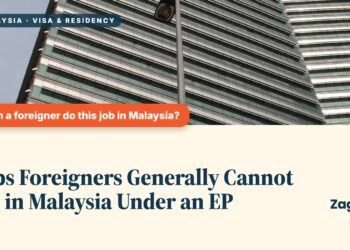 Low angle view of a striped high-rise office tower, illustrating Jobs Foreigners Generally Cannot Do in Malaysia Under an EP