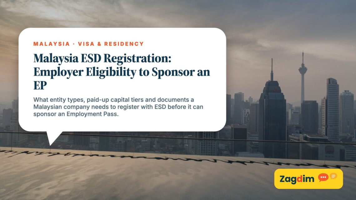 Foggy Kuala Lumpur skyline seen from a rooftop pool, illustrating Malaysia ESD Registration: Employer Eligibility to Sponsor an EP