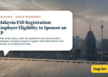 Foggy Kuala Lumpur skyline seen from a rooftop pool, illustrating Malaysia ESD Registration: Employer Eligibility to Sponsor an EP