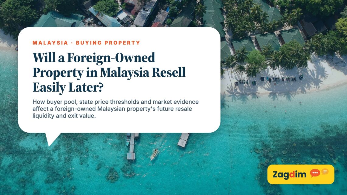 Aerial view of stilt resort over turquoise reef, illustrating Will a Foreign-Owned Property in Malaysia Resell Easily Later?