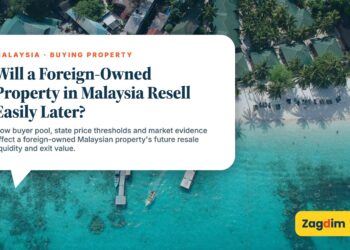 Aerial view of stilt resort over turquoise reef, illustrating Will a Foreign-Owned Property in Malaysia Resell Easily Later?