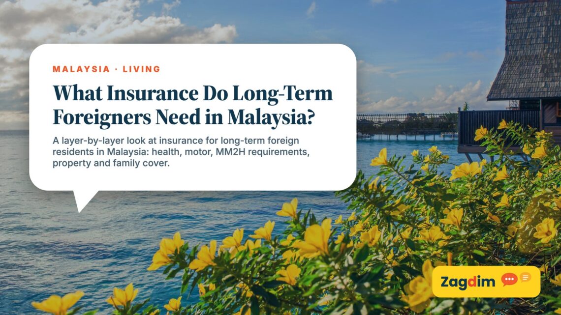 Calm sea with flowering bush and distant jetty, illustrating What Insurance Do Long-Term Foreigners Need in Malaysia?