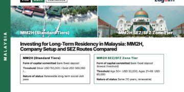 Aerial — aerial view of stilt resort over turquoise reef, illustrating Investing for Long-Term Residency in Malaysia: MM2H, Company Setup and SEZ Routes Compared