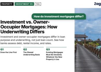 Wooden boardwalk over turquoise water stilt resort, illustrating Investment vs. Owner-Occupier Mortgages: How Underwriting Differs