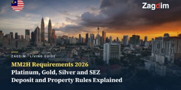 Kuala Lumpur's Petronas Towers and residential skyline at dusk, cover for the Zagdim MM2H (Malaysia My Second Home) living guide