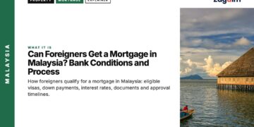 Architecture — thatched stilt house over water with boat, illustrating Can Foreigners Get a Mortgage in Malaysia? Bank Conditions and Process