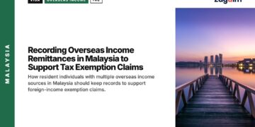 Skyline — city skyline at sunset reflected in lake with jetty, illustrating Recording Overseas Income Remittances in Malaysia to Support Tax Exemption Claims