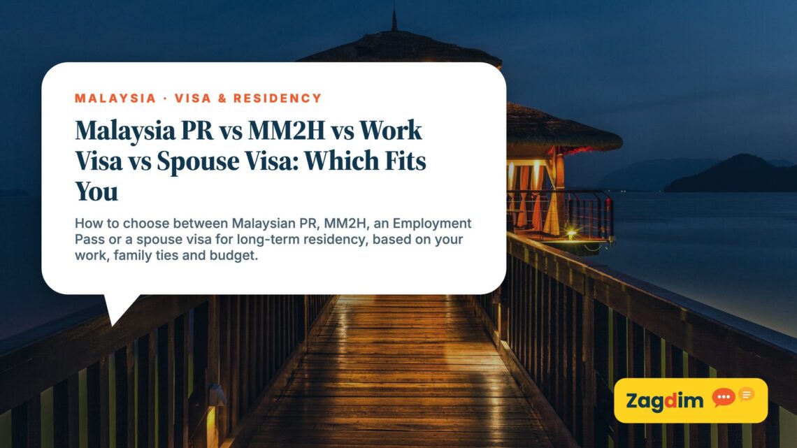 Illuminated wooden pier leading to lakeside pavilion at dusk, illustrating Malaysia PR vs MM2H vs Work Visa vs Spouse Visa: Which Fits You
