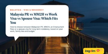Illuminated wooden pier leading to lakeside pavilion at dusk, illustrating Malaysia PR vs MM2H vs Work Visa vs Spouse Visa: Which Fits You