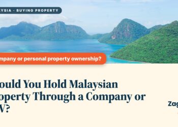 Aerial view of twin island peaks and coral reef, Semporna (Bohey Dulang), illustrating Should You Hold Malaysian Property Through a Company or SPV?
