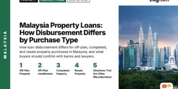 Kuala Lumpur skyline with Petronas Towers and KL Tower, illustrating Malaysia Property Loans: How Disbursement Differs by Purchase Type