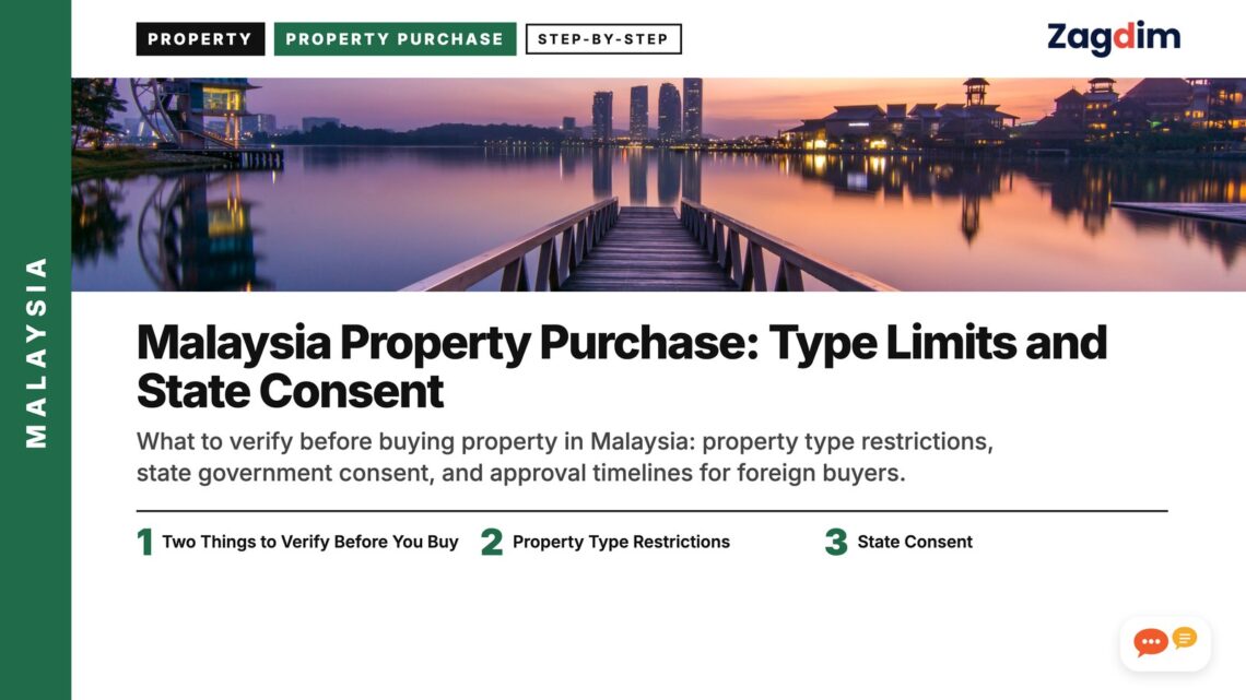 City skyline at sunset reflected in lake with jetty, illustrating Malaysia Property Purchase: Type Limits and State Consent