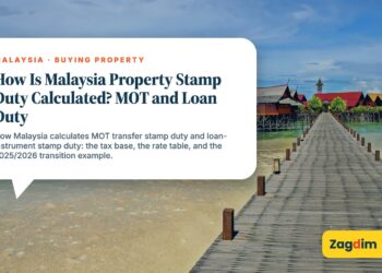 Long wooden boardwalk leading to beach huts, illustrating How Is Malaysia Property Stamp Duty Calculated? MOT and Loan Duty