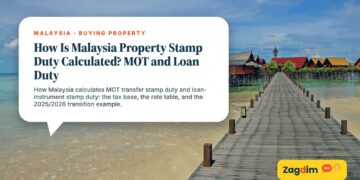 Long wooden boardwalk leading to beach huts, illustrating How Is Malaysia Property Stamp Duty Calculated? MOT and Loan Duty