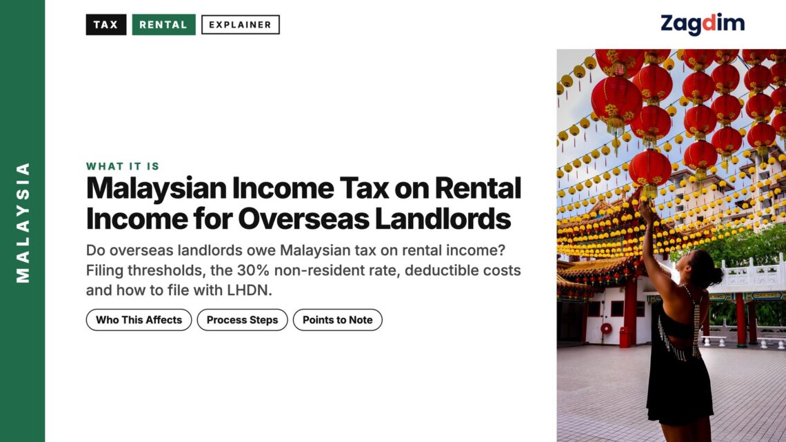 Festival — woman hanging red lanterns at temple, illustrating Malaysian Income Tax on Rental Income for Overseas Landlords