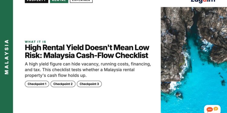 Aerial view of turquoise lagoon between limestone cliffs, illustrating High Rental Yield Doesn't Mean Low Risk: Malaysia Cash-Flow Checklist