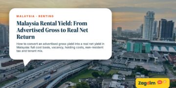 Kuala Lumpur cityscape at sunset with highways and monorail, illustrating Malaysia Rental Yield: From Advertised Gross to Real Net Return