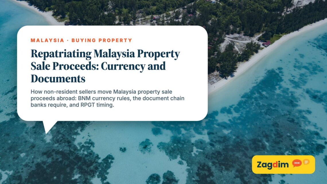 Aerial view of a narrow island sand spit with red-roofed buildings, illustrating Repatriating Malaysia Property Sale Proceeds: Currency and Documents