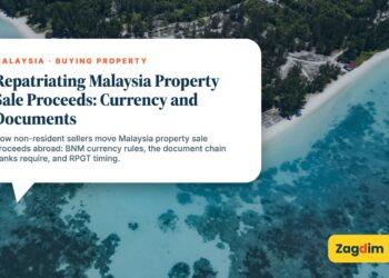 Aerial view of a narrow island sand spit with red-roofed buildings, illustrating Repatriating Malaysia Property Sale Proceeds: Currency and Documents