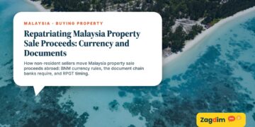 Aerial view of a narrow island sand spit with red-roofed buildings, illustrating Repatriating Malaysia Property Sale Proceeds: Currency and Documents