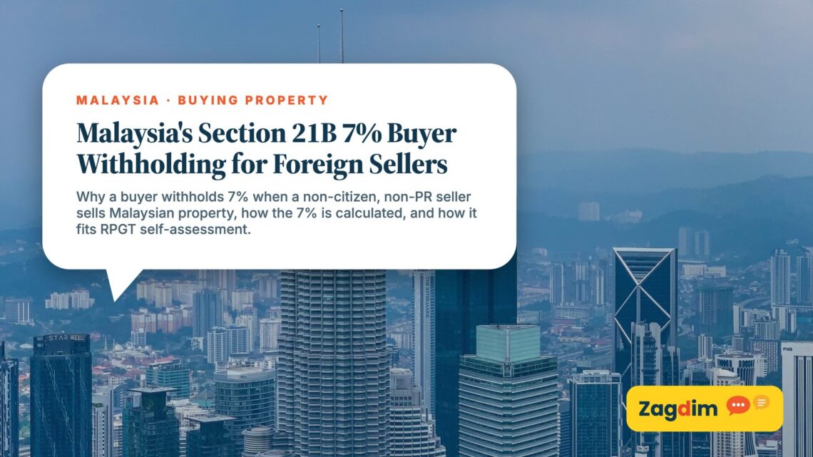 Kuala Lumpur skyline aerial with Petronas Towers and hills, illustrating Malaysia's Section 21B 7% Buyer Withholding for Foreign Sellers