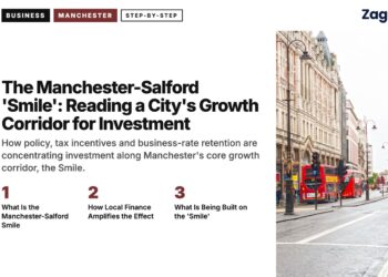 Oxford Street with red buses, illustrating The Manchester-Salford 'Smile': Reading a City's Growth Corridor for Investment