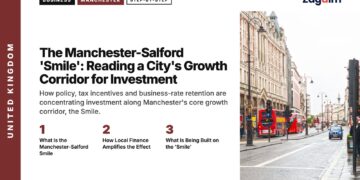 Oxford Street with red buses, illustrating The Manchester-Salford 'Smile': Reading a City's Growth Corridor for Investment