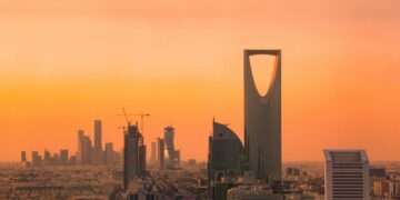 Riyadh skyline at sunset with the Kingdom Centre tower
