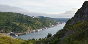 The Narrows and harbour of St. John's, Newfoundland and Labrador, seen from the surrounding hills