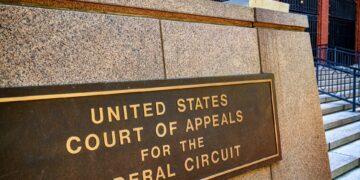 Engraved plaque reading 'United States Court of Appeals for the Federal Circuit' outside the courthouse in Washington, D.C., the court that issued the ruling in the story