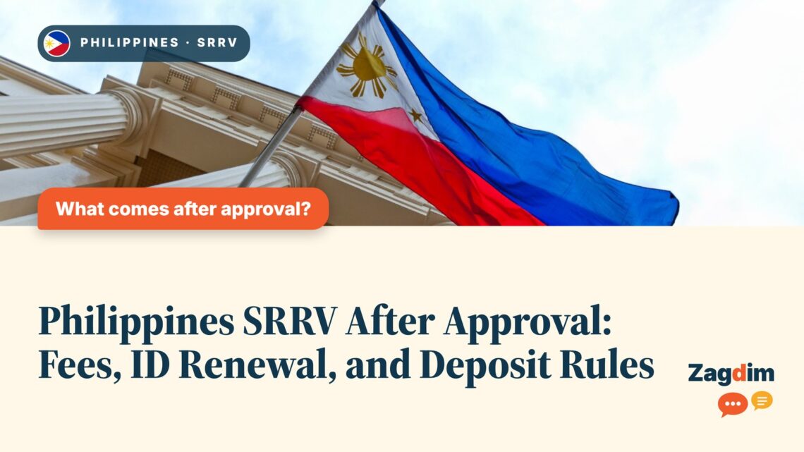 Philippine flag on a neoclassical government building, illustrating Zagdim's guide: Philippines SRRV After Approval: Fees, ID Renewal, and Deposit Rules