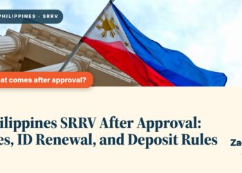 Philippine flag on a neoclassical government building, illustrating Zagdim's guide: Philippines SRRV After Approval: Fees, ID Renewal, and Deposit Rules