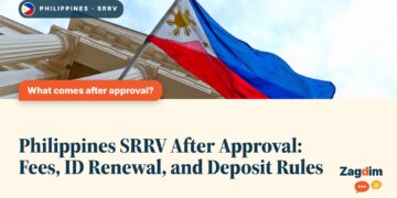 Philippine flag on a neoclassical government building, illustrating Zagdim's guide: Philippines SRRV After Approval: Fees, ID Renewal, and Deposit Rules