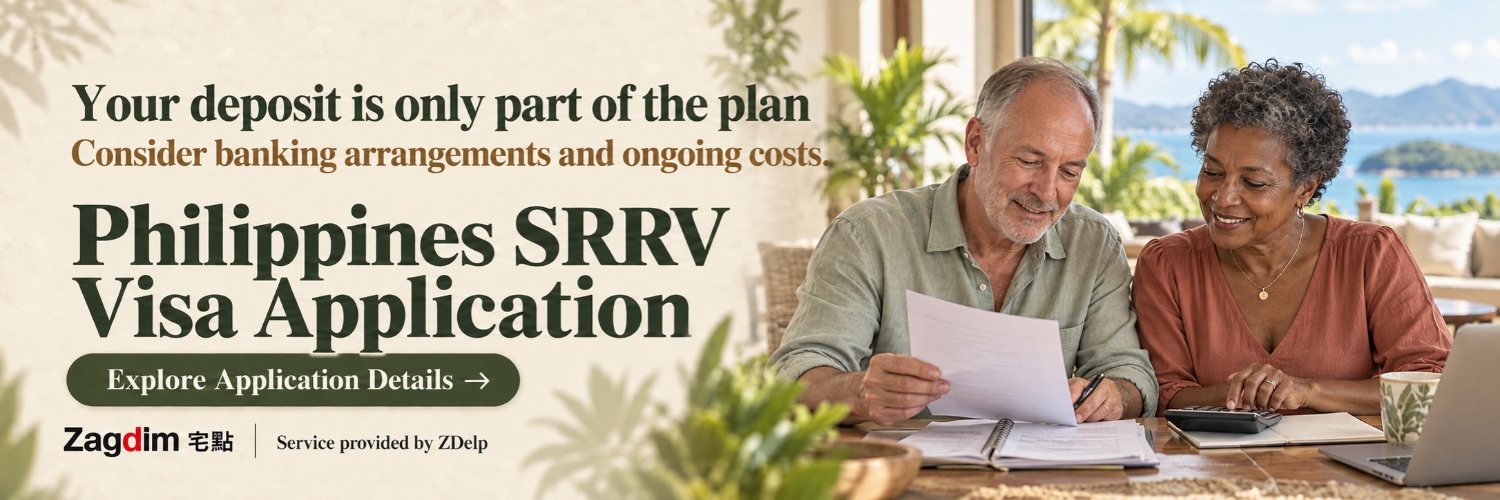 An older couple calculating costs at a dining table; Philippines SRRV application service banner: Your deposit is only part of the plan Consider banking arrangements and ongoing costs.