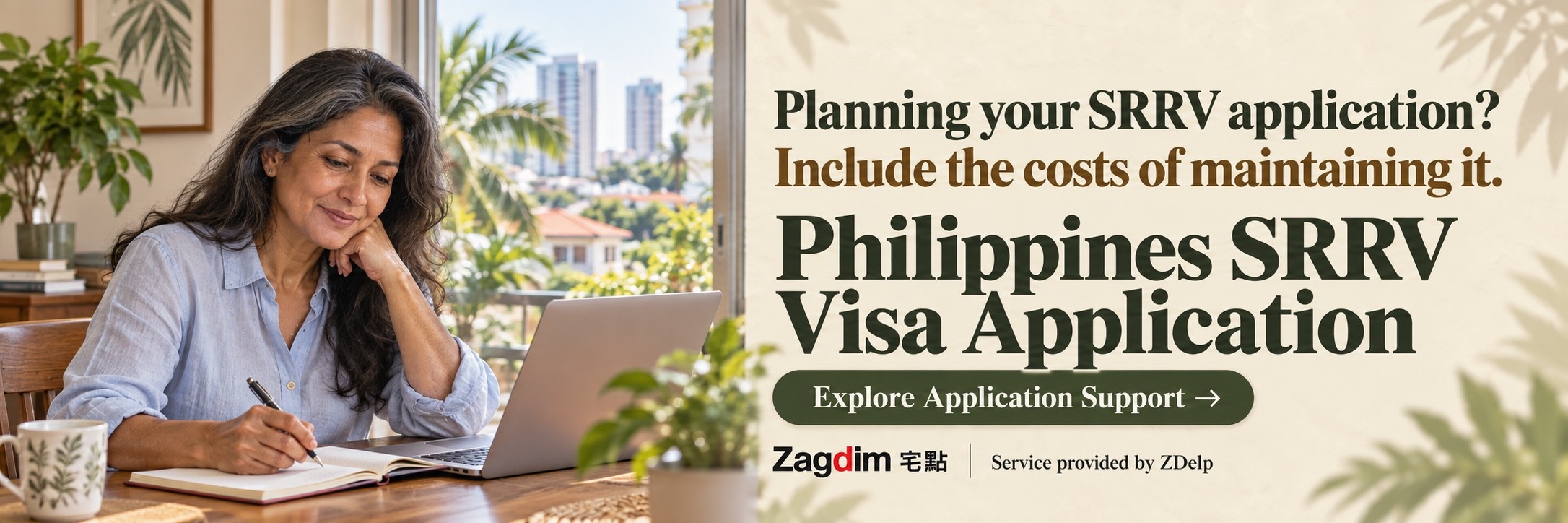 A woman taking notes beside a laptop; Philippines SRRV application service banner: Planning your SRRV application? Include the costs of maintaining it.