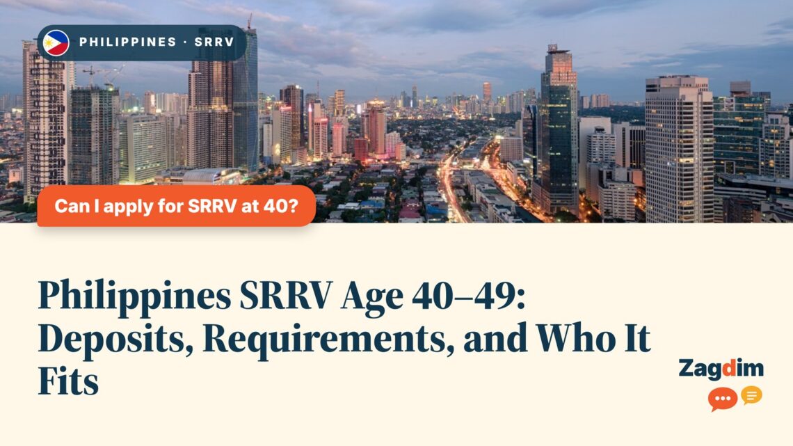 Manila high-rise skyline over a residential district at dusk, illustrating Zagdim's guide: Philippines SRRV Age 40–49: Deposits, Requirements, and Who It Fits
