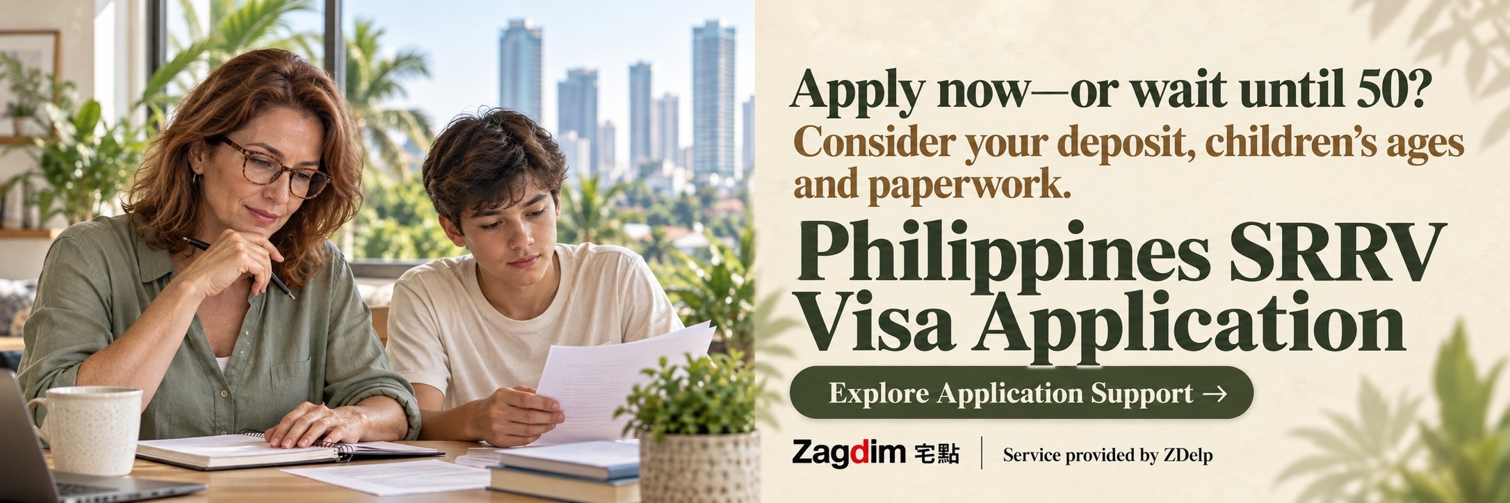 A mother and teenage son studying documents at a desk; Philippines SRRV application service banner: Apply now—or wait until 50? Consider your deposit, children’s ages and paperwork.