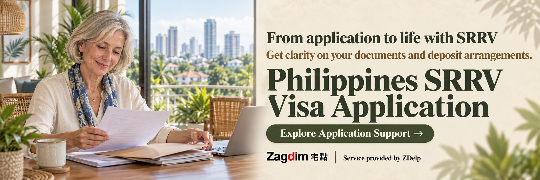 A silver-haired woman reviewing papers at a desk; Philippines SRRV application service banner: From application to life with SRRV Get clarity on your documents and deposit arrangements.