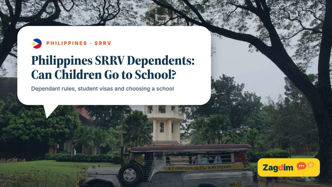 Jeepney passing a university clock tower in Manila, illustrating Zagdim's guide: Philippines SRRV Dependents: Can Children Go to School?