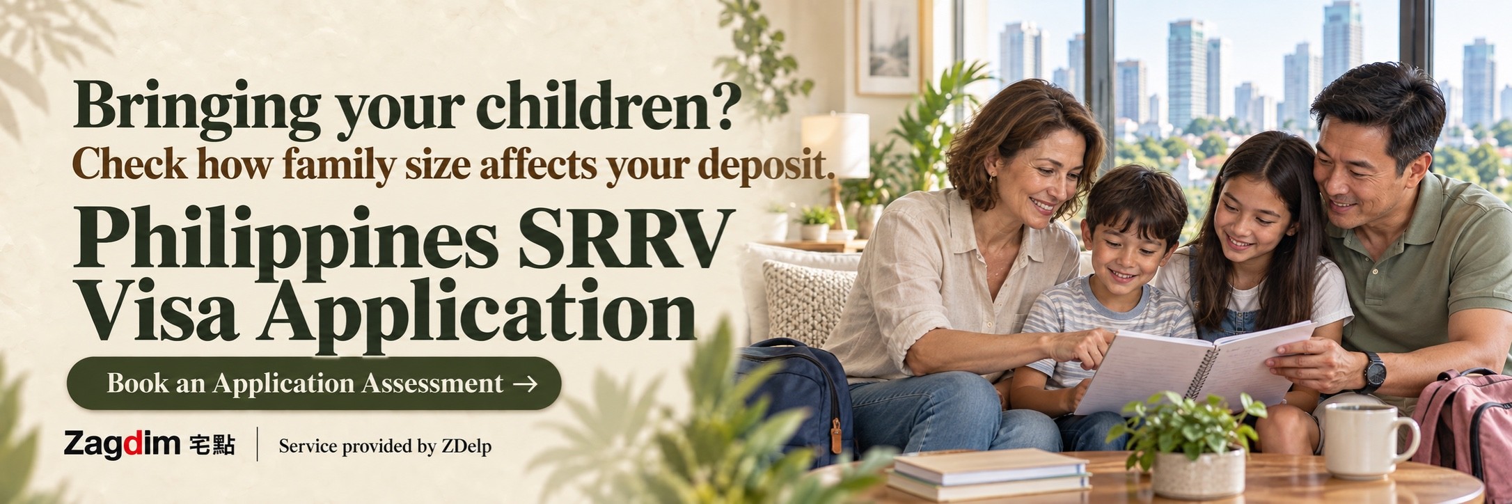 Parents and two children looking at a tablet on the sofa; Philippines SRRV application service banner: Bringing your children? Check how family size affects your deposit.