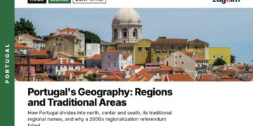 Aerial — Alfama rooftops with Pantheon dome Lisbon, illustrating Portugal's Geography: Regions and Traditional Areas