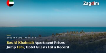 Ras Al Khaimah waterfront apartments and palm promenade aerial view