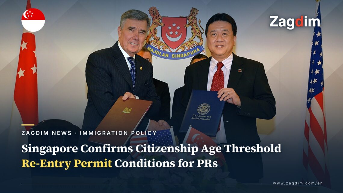 Singapore's Immigration & Checkpoints Authority (ICA) Commissioner at an official signing ceremony, with the Singapore state crest and national flag in the background